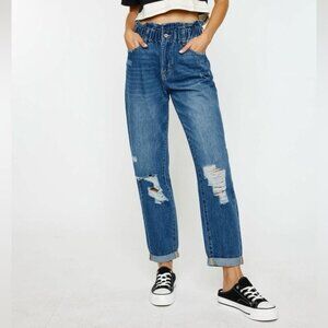 Kancan High Rise Paperbag Distressed Jeans Boyfriend Stretch Boho Shabby Chic